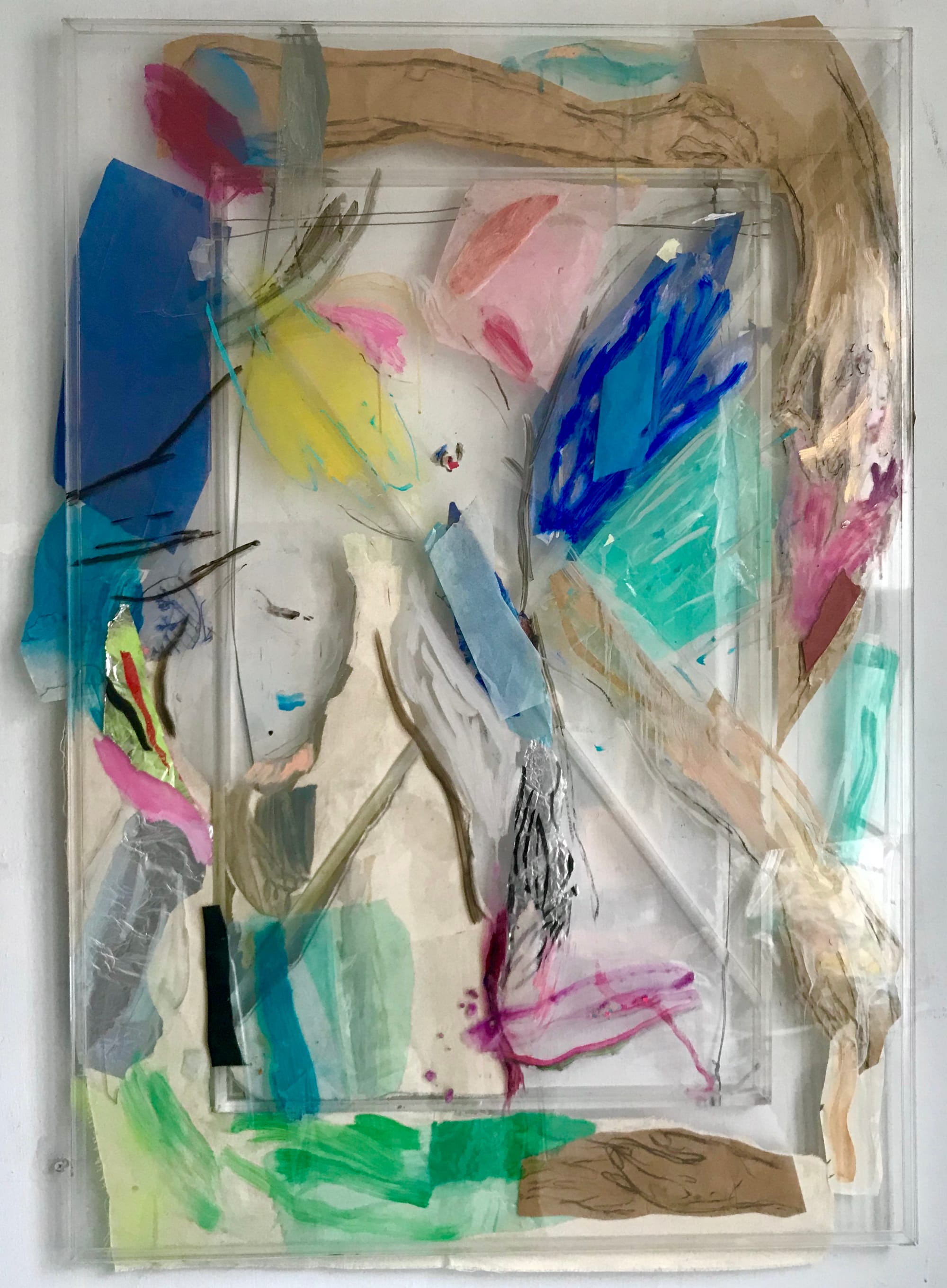 Holding/falling, mixed media on and behind perspex, 140 x 96 cm, 2020