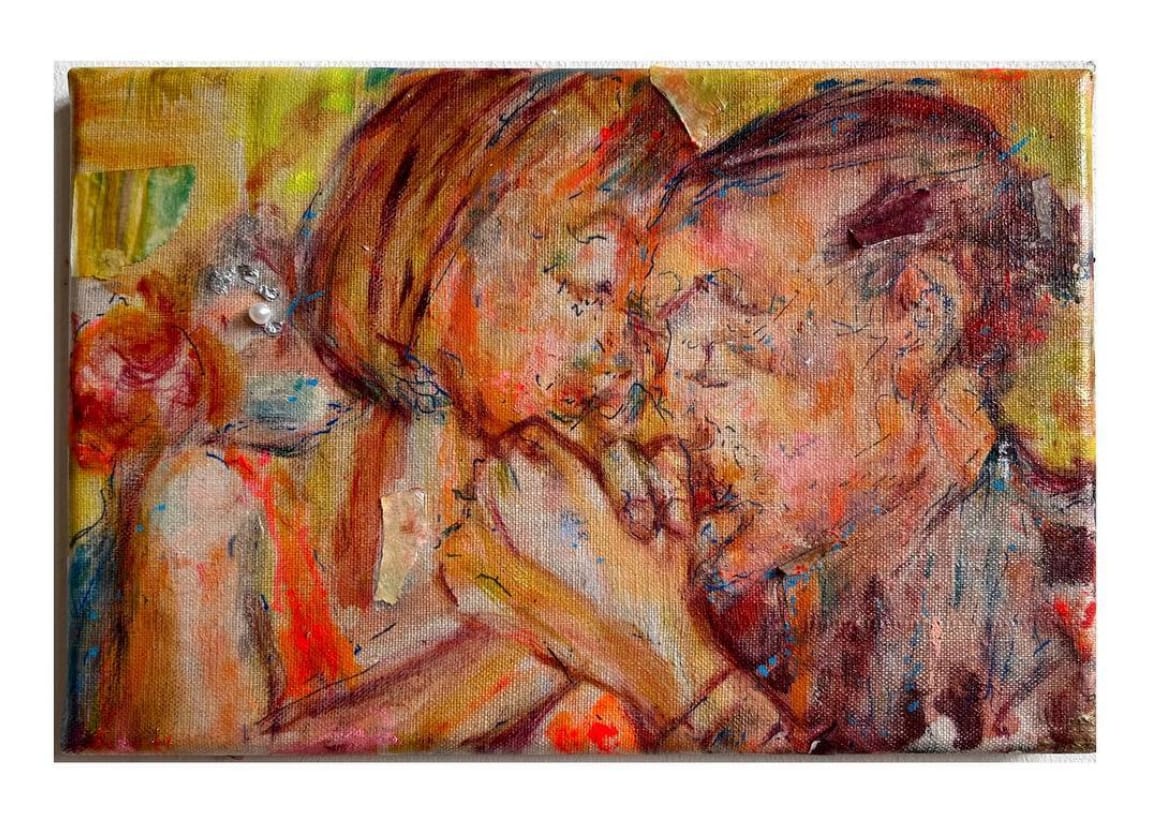 Dance couple in orange, oil and mixed media on canvas, 20 x 30 cm, 2024