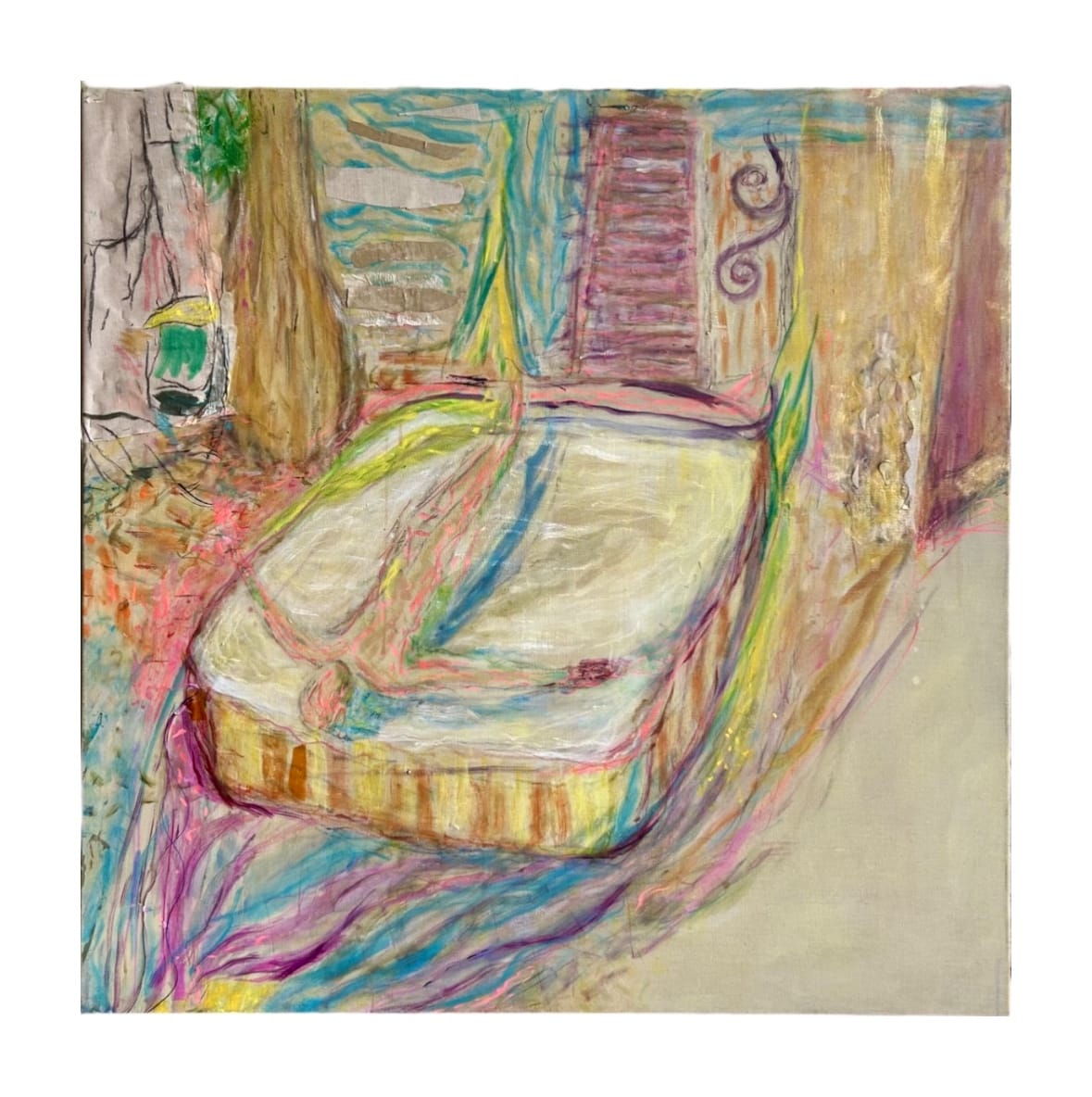 in Buenos Aires with pneumonia, oil and mixed media on canvas, 120 x 120 cm, 2025