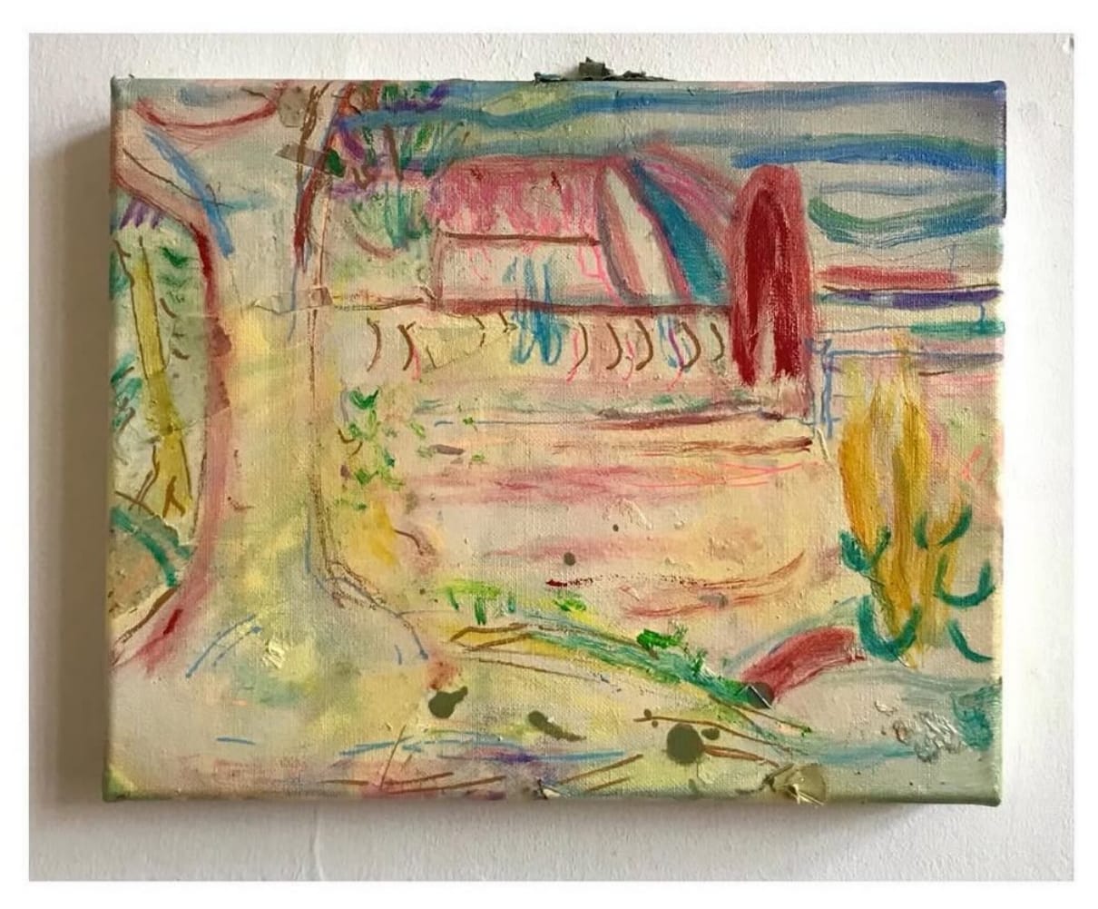 Parque de los inmigrantes de Armenia, oil and mixed media on canvas, 24 x 30 cm, 2024