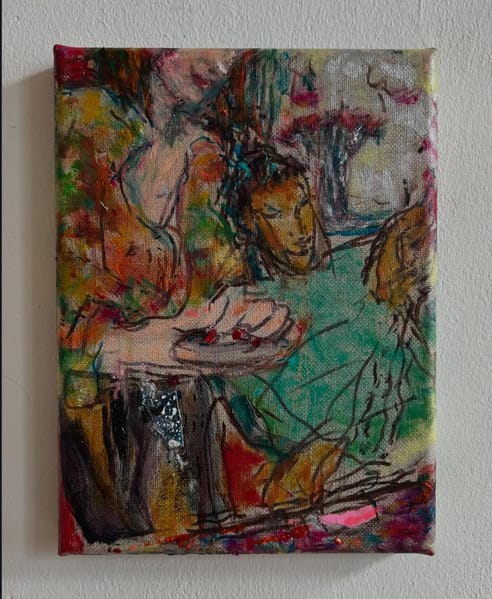 smokers, oil and mixed media on canvas, 20 x 30 cm, 2026