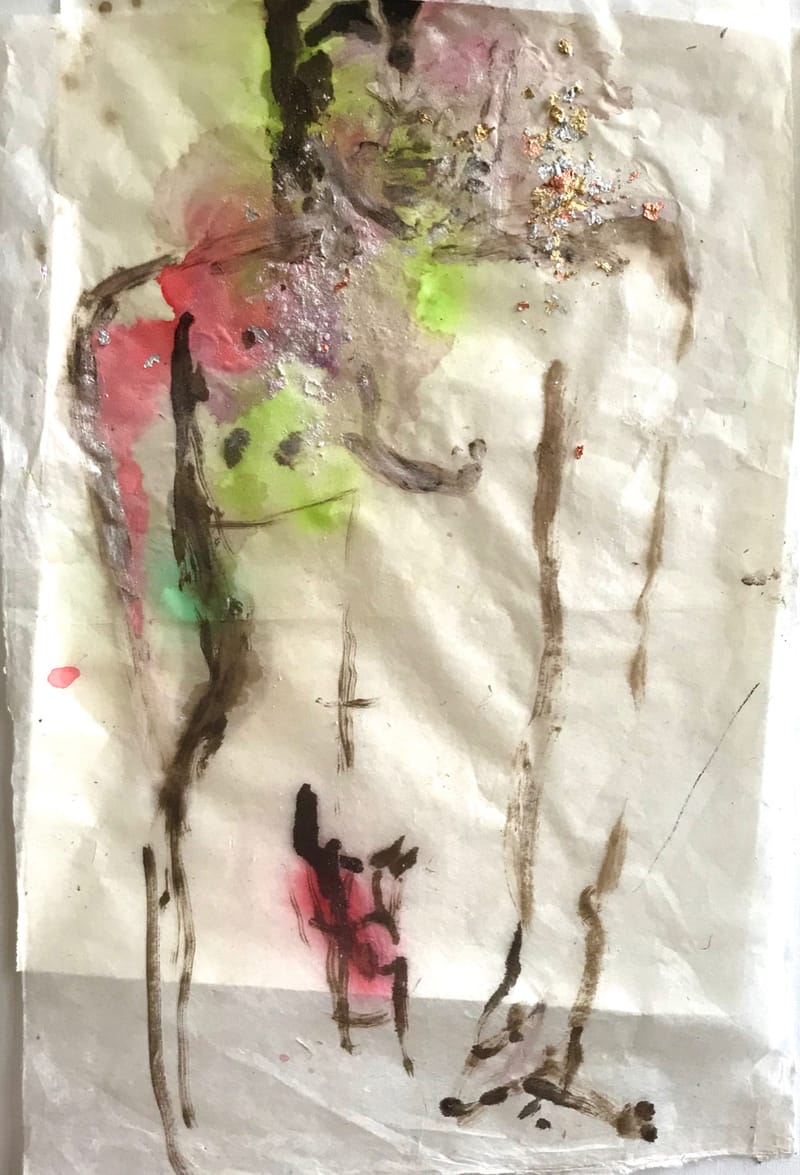 Tindertimes tekeningen, mixed media op rijstpapier, Gabriel, 50 x 78 cm, 2019