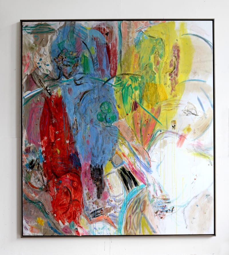 The blue dress, mixed media op canvas, met details, 187 x 167 cm, 2019